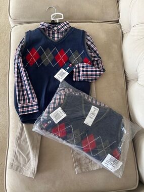 Twin identical matching boys size 4 set khaki pants button down vest new nwt